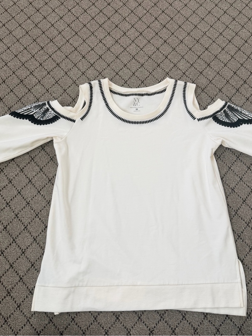 New York & Company Cold/Open-Shoulder Top with Black Embroidery